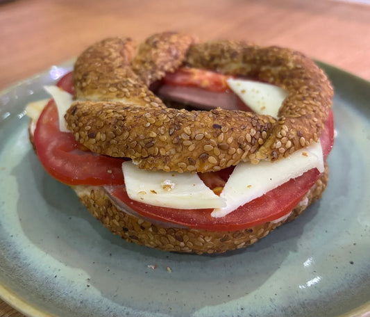 Turkish Simit (Sesame Bread) Sandwich (Cheese, Salami, Tomato)